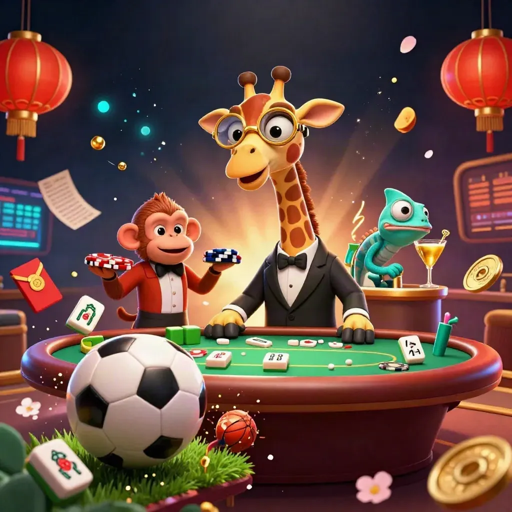 High-roller giraffe, monkey, and chameleon in a luxe casino scene with flying balls and golden lights.
