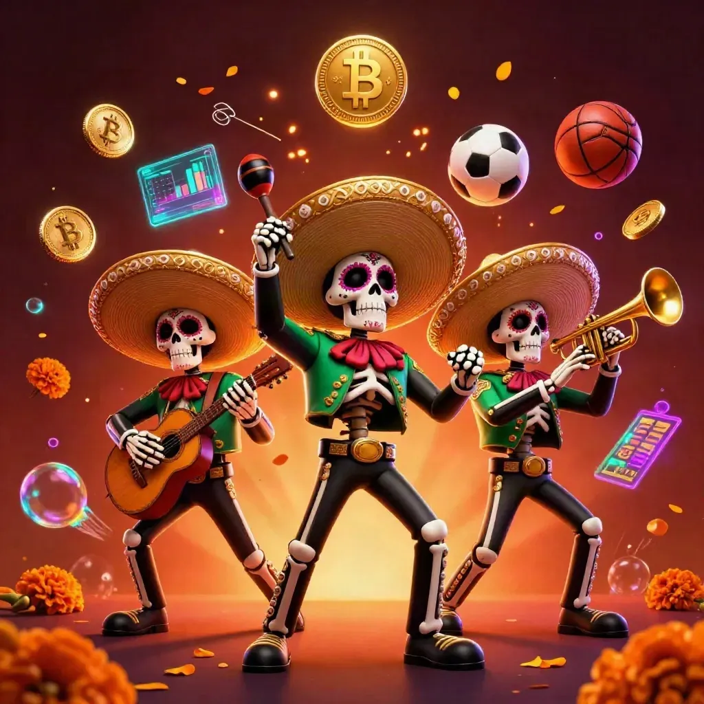 Skeleton mariachi trio with glowing coins, soccer ball, and casino neon effects