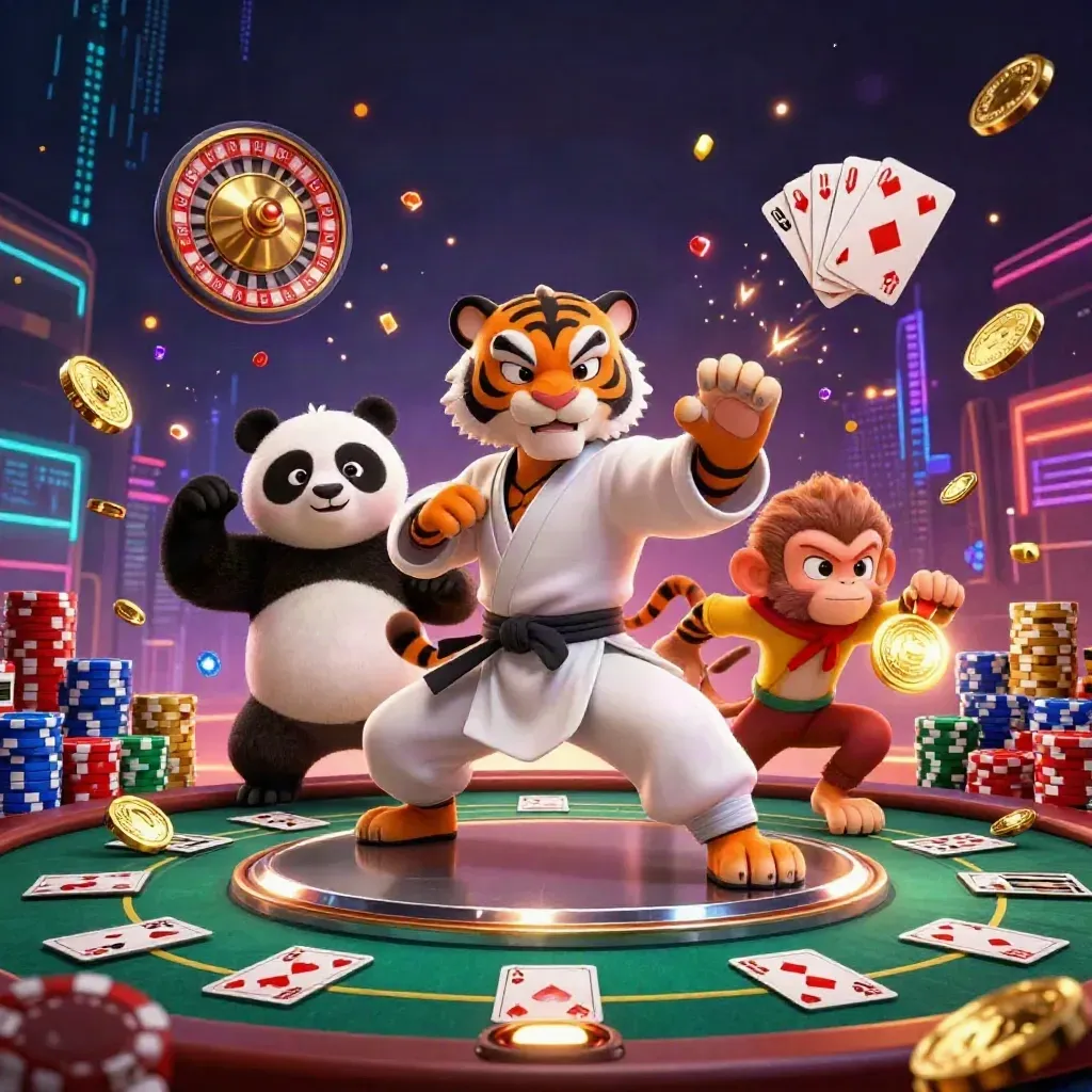 Tiger, panda, and monkey with roulette wheel, coins, and neon casino energy
