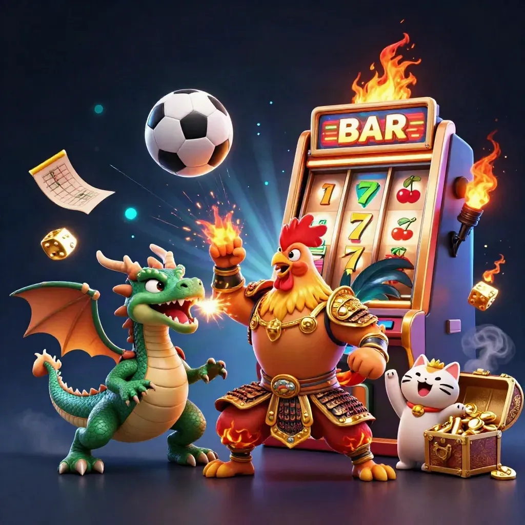Rooster warrior, dragon hatchling, and fortune-cat amid casino bursts, balls, dice, and gold.