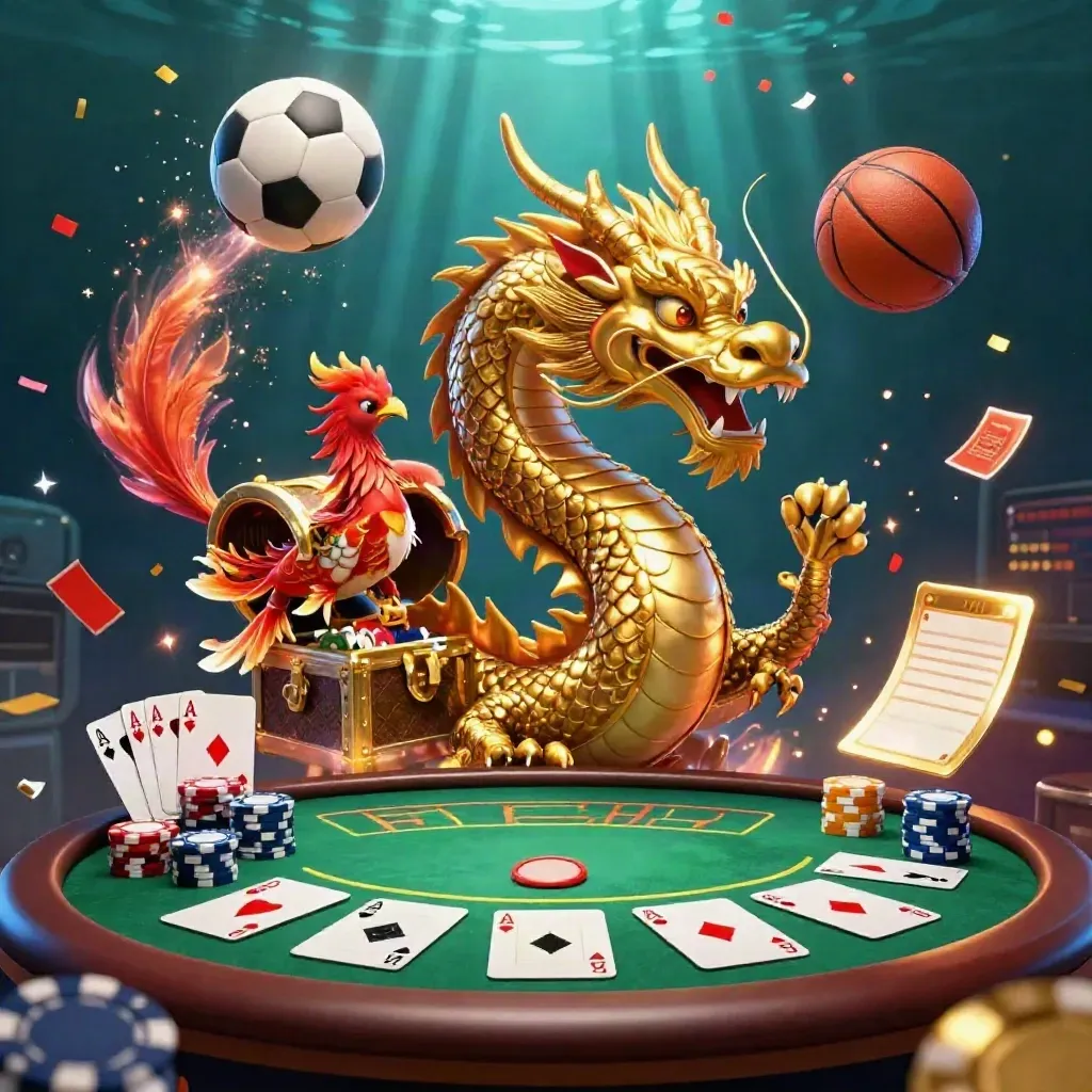 Golden dragon, phoenix, koi, poker chips and casino props in an explosive AAA key-art scene.
