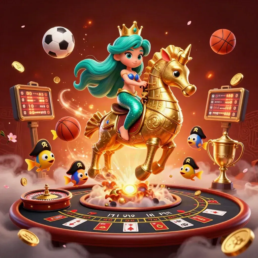 Mermaid princess on an armored seahorse amid casino props, sports balls, roulette, and glowing fantasy lights