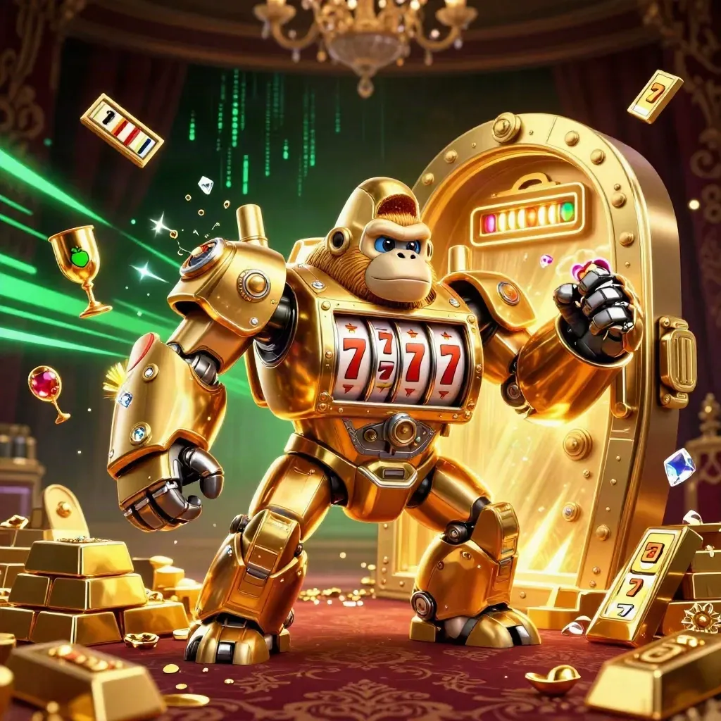 Golden gorilla mech with monkey pilot bursts from a vault amid gems and neon energy