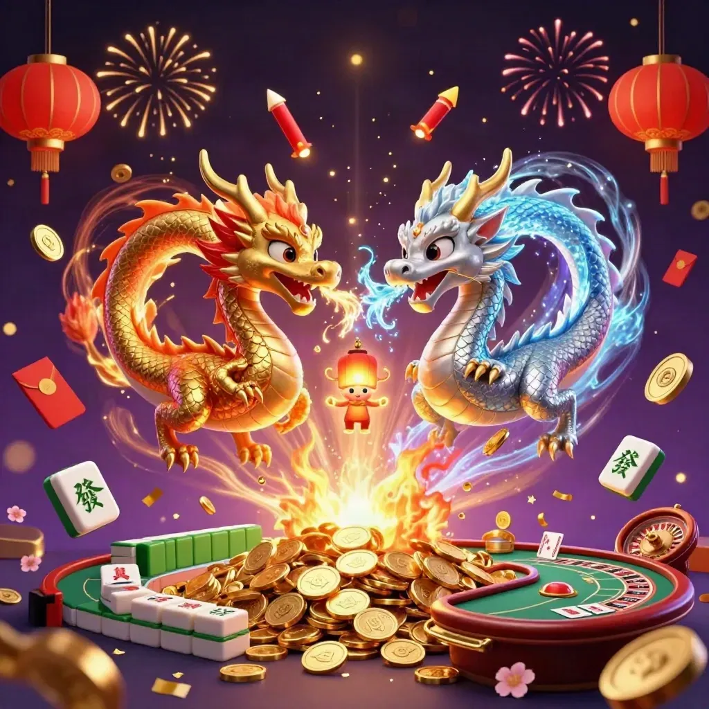Gold and silver dragons burst amid coins, fireworks, roulette, and casino magic.