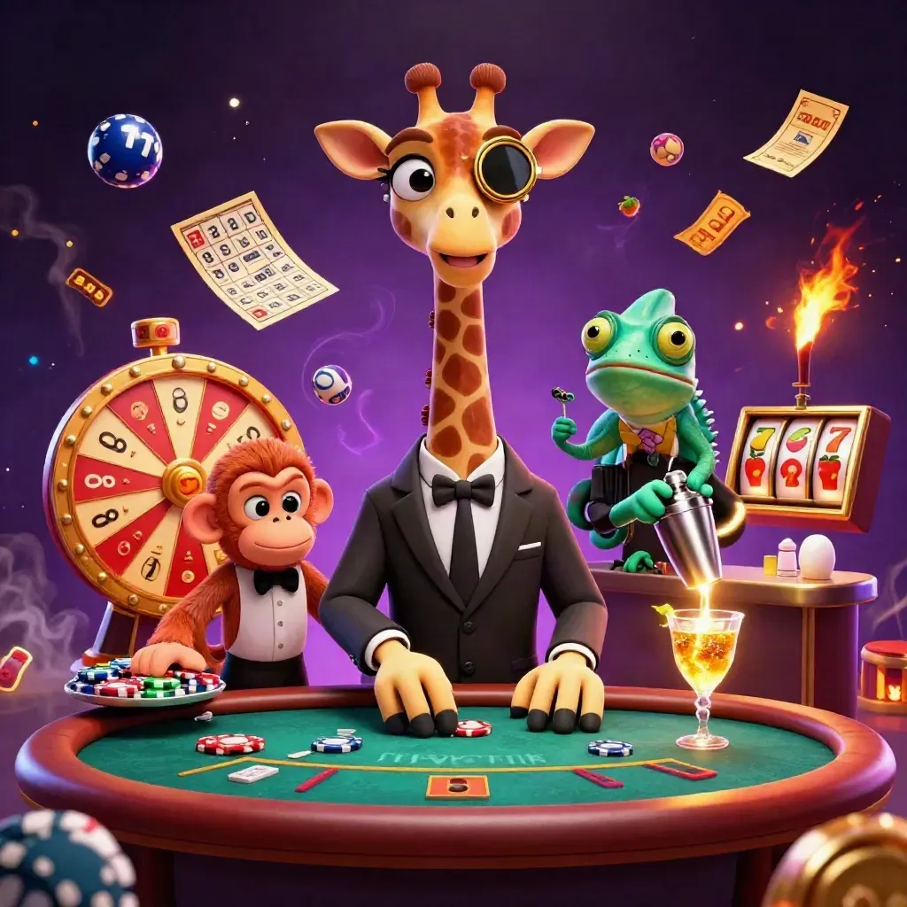 Giraffe, monkey, and chameleon in a flashy casino scene with roulette and jackpot effects.
