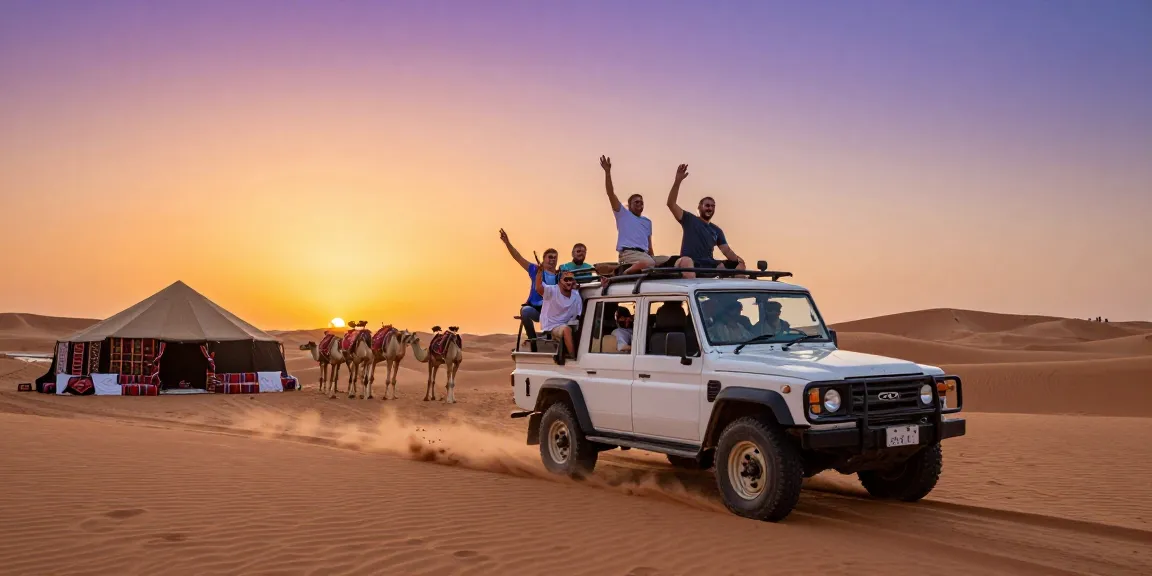 Group of adventurers enjoying a thrilling desert slot safari in Dubai.